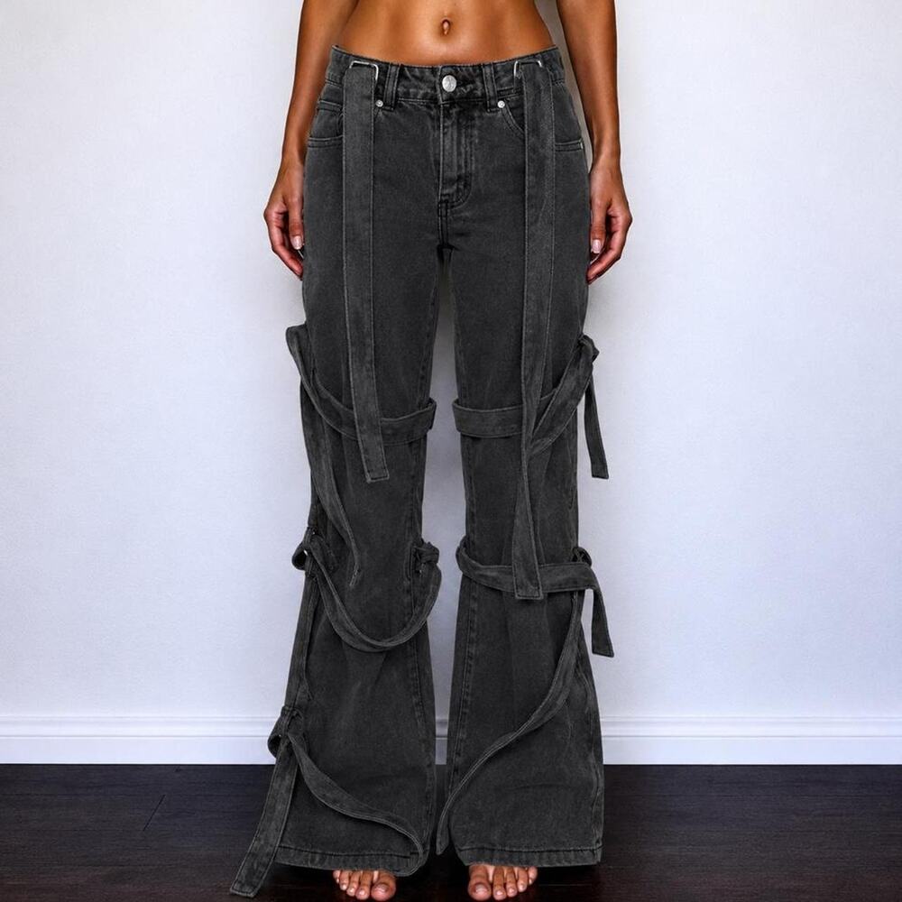 Insane Vintage Charcoal Black Strappy Wide Leg Goth Cyber Punk Y2K Jeans Size 0